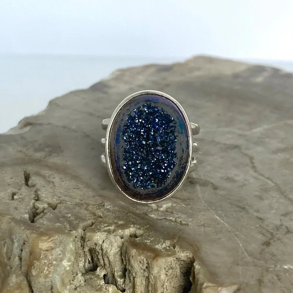 Sterling Silver 925 India Oval Blue Titanium Druzy Triple Band Ring Sz 7
